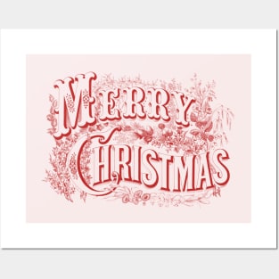 Merry Christmas Text Retro Floral Red Monochrome Typography Posters and Art